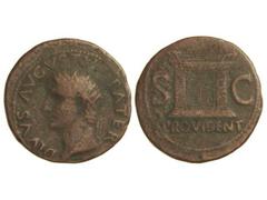 Dupondio. Acuñada el 22 d.C. AUGUSTO. Restitución de Tiberio. Anv.: DIVVS AVGVSTVS PATER. Cabeza radiada a izquierda. Rev.: PROVIDENT S. C. Altar. 10,10 grs. Pátina marrón. C-228. BC+.