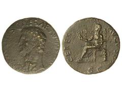 Dupondio. Acuñada el 41 d.C. CLAUDIO. Anv.: (TI. CLAV)DIVS CAESAR AVG. (P. M. TR. P. IMP.). Cabeza a izquierda. Rev.: CERES AVGVSTA S. C. Ceres sedente a izquierda. 10,10 grs. Pátina. (Oxidaciones lim