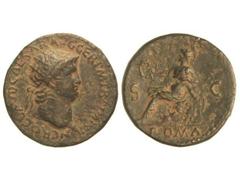 Dupondio. 54-68 d.C. NERÓN. Anv.: NERO CLAVD. CAESAR AVG. GER. P. M. TR. P. IMP. P. P. Cabeza radiada a la derecha. Rev.: ROMA S.C. Roma, sedente, a la izquierda, portando corona y parazonio. 14,317 g