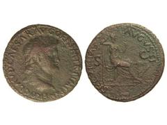 Dupondio. Acuñada el 54-55 d.C. NERÓN. Anv.: NERO CLAVD. CAESAR AVG. GER. P. M. TR. P. IMP. P. P. Cabeza laureada a derecha. Rev.: SECVRITAS AVGVSTI S. C. (II). Seguridad sentada a derecha ante un alt