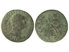 Dupondio. Acuñada el 100-102 d.C. TRAJANO. Anv.: IMP. CAES.NERVA TRAIAN. AVG. GERM. P. M. Cabeza radiada a derecha. Rev.: TR. POT. (...) S. C. Fortuna sentada a izquierda con cetro. 13,40 grs. Pátina 