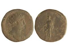 Dupondio. Acuñada el 119-121 d.C. ADRIANO. Anv.: IMP. CAESAR TRAIANVS HADRIANVS AVG. P. M. TR. P. COS. III. Busto radiado a derecha. Rev.: (SALV)S PVBLICA S. C. Salud en pie a izquierda con pátera y t