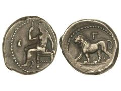 Tetradracma. 311-280 a.C. BABILONIA. Anv.: Baal entronizado a izquierda. Rev.: León a izquierda, encima símbolo. 17,10 grs. AR. Se-6148 var. MBC/MBC+.