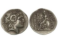 Tetradracma. 323-281 a.C. LISÍMACO. TRACIA. Anv.: Cabeza diademada de Alejandro Magno con cuerno de Amón a derecha. Rev.: Atenea entronizada a izquierda, sosteniendo Victoria, delante y detrás leyenda