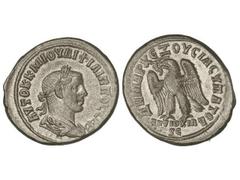 Tetradracma. 247-249 d.C. FILIPO II. SIRIA. Anv.: Busto laureado a derecha. Rev.: Águila en pie de frente con las alas extendidas. AR. GIC-4146 Var. EBC-.