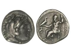 Dracma. 336-323 d.C. ALEJANDRO MAGNO. ABDERA. TRACIA. Anv.: Cabeza de Hércules con piel de león a derecha. Rev.: Zeus entronizado a izquierda, delante símbolo, detrás leyenda. 4,20 grs. AR. Müller-290