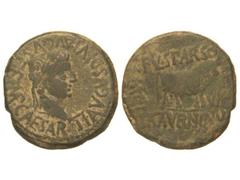 As. ÉPOCA DE TIBERIO. CALAGURRIS. Anv.: TI. AVGVS. DIVI AVGVSTI.F. IMP. CAESAR. Cabeza laureada de Tiberio. Rev.: L. FVL. SPARSO. L. SATVRNINO. II VIR. M. C. I. Toro a derecha. 13,03 grs. Pátina verde