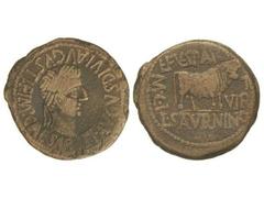 As. ÉPOCA DE TIBERIO. CALAGURRIS. Anv.: TI. AVGVS. DIVI. AVGVSTI. F. IMP. CAESA(R). Cabeza laureada de Tiberio a derecha. Rev.: L. FVL. SPAR(SO.) (L.) SATURNINO II VIR. M. C. I. Toro a derecha. 12,70 