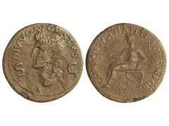 Dupondio. Acuñada el 37-41 d.C. AUGUSTO. Anv.: DIVVS AVGVSTVS S. C. Cabeza radiada a izquierda. Rev.: CONSENSV SENAT. ET EQ. ORDIN. P. Q. R. Augusto sentado a izquierda. 11,40 grs. (Oxidaciones limpia