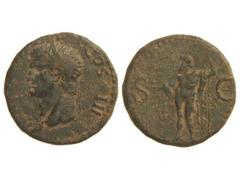 Dupondio. Acuñada el 27-12 a.C. AGRIPPA. Anv.: M. (AGRIPPA L. F.) COS. III. Cabeza a izquierda con corona rostral. Rev.: S. C. Neptuno en pie a izquierda con tridente y delfín, manto sobre los hombros