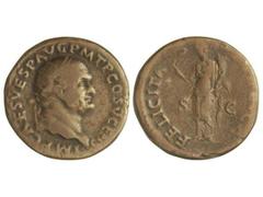 Dupondio. Acuñada el 70-79 d.C. VESPASIANO. Anv.: IMP. CAES. VESP. AVG. P. M. T. P. COS. V CENS. Busto radiado a derecha. Rev.: FELICITAS (PVBLICA) S. C. Felicidad en pie a izquierda. 12,20 grs. MBC-.