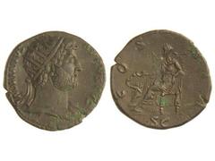 Dupondio. Acuñada el 125-128 d.C. ADRIANO. Anv.: HADRIANVS (AVGVSTVS P. P.). Cabeza radiada a derecha. Rev.: COS. (III). Salud sentada a izquierda dando de comer a una serpiente enroscada en un altar.