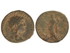 Dupondio. Acuñada el 134-138 d.C. ADRIANO. Anv.: CAESAR TRAIAN. HADRIANVS AVG. P. M. TR. P. COS. III. Cabeza radiada a derecha. Rev.: FELICITAS AVGVSTI S. C. Felicidad en pie con cornucopia a izquierd