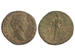 Dupondio. Acuñada el 137 d.C. AELIO. Anv.: L. AELIVS CAESAR. Cabeza descubierta a derecha. Rev.: TR. POT. COS. II S. C. Esperanza con una flor a izquierda. 8,60 grs. Pátina marrón y verde. C-57. BC+/M