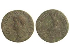 Dupondio. Acuñada el 37-41 d.C. AUGUSTO. Restitución de Calígula. Anv.: DIVVS AVGVSTVS S. C. Cabeza radiada a izquierda. Rev.: CONSENSV SENAT. ET EQ. ORDIN. P. Q. R. Augusto sentado a izquierda. 15,06