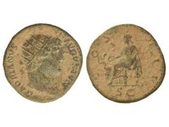 Dupondio. Acuñada el 125-128 d.C. ADRIANO. Anv.: HADRIANVS AVGVSTVS. Cabeza radiada a derecha. Rev.: COS. III S. C. Salud sentada a izquierda. 12,37 grs. Pátina verde. C-367. MBC+/MBC.