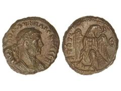 Tetradracma. 270-275 d.C. AURELIANO. ALEJANDRÍA. EGIPTO. Anv.: Busto laureado a derecha, alrededor leyenda. Rev.: Águila en pie, cabeza a derecha, leyenda a izquierda, a derecha ¶. 7,40 grs. Ve. Pátin