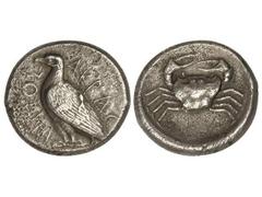 Tetradracma. 472-420 a.C. AKRAGAS. Anv.: Águila alrededor AKRAC ANTO ¶. Rev.: Cangrejo. AR. (Pequeñas oxidaciones). Se-741. MBC+/EBC-.