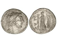 Tetradracma. 113-95 a.C. ANTIOCO IX. REINO SELEUCIDA. Anv.: Cabeza diademada a derecha. Rev.: Atenea en pie a izquierda, sosteniendo a Nike, delante y detrás leyenda. Todo dentro de corona de laurel. 