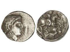 Tetradracma. 340-315 a.C. PATRAOS. Anv.: Cabeza laureada de Apolo a derecha. Rev.: Guerrero a caballo a derecha, alanceando a un enemigo caido. 12,57 grs. AR. (Pequeños golpecitos). Se-1520. MBC+.