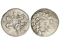 Tetradracma cistofórico. 189-133 a.C. LIDIA. TRALLEIS. Anv.: Serpiente saliendo de cista mística, todo en guirlanda. Rev.: Arco enfundado entre dos serpientes enrolladas. 12,33 grs. AR. (Pequeños golp