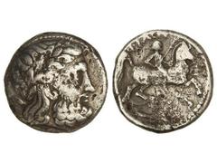 Tetradracma. 359-336 a.C. FILIPO II. MACEDONIA. Anv.: Cabeza laureada de Zeus a derecha. Rev.: Jinete desnudo a derecha, alrededor leyenda. 13,42 grs. AR. (Oxidaciones). Se-6680. MBC/MBC-.