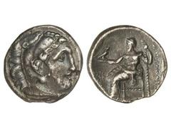 Dracma . 336-323 a.C. ALEJANDRO MAGNO . MACEDONIA . Anv.: Cabeza de Hércules con piel de león a derecha. Rev.: Zeus entronizado a izquierda, detrás leyenda y punta de lanza. 3,83 grs. AR. Se-6730 var.