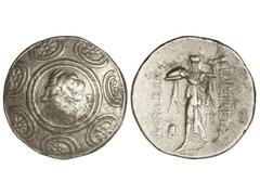 Tetradracma. 277-239 a.C. ANTÍGONOS GONATAS. MACEDONIA. Anv.: Escudo macedonio, en el centro cabeza de Pan a izquierda. Rev.: Atenea avanzando a izquierda, delante y detrás, leyenda. 16,64 grs. AR. (G