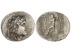 Tetradracma. 150-145 a.C. ALEJANDRO I BALAS. REINO SELÉUCIDA. Anv.: Cabeza diademada a derecha. Rev.: Zeus entronizado a izquierda, sosteniendo a Nike, alrededor leyenda. 16,18 grs. AR. (Oxidaciones e