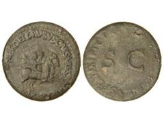 Dupondio. Acuñada el 37-38 d.C. NERÓN y DRUSO CÉSARES. Anv.: NERO ET DVSVS CAESARES. Nerón y Druso a galope a derecha. Rev.: (C. CAESAR AVG. GERMAN)CVS. PON. M. TR. POT. S. C. 13,60 grs. Pátina verde.
