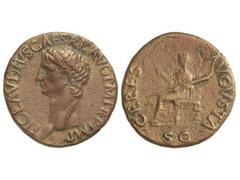 Dupondio. Acuñada el 41 d.C. CLAUDIO. Anv.: TI. CLAVDIVS CAESAR AVG. P. M. TR. P. IMP. Cabeza descubierta a izquierda. Rev.: CERES AVGVSTA S. C. Ceres sentada a izquierda. 13,36 grs. C-1. MBC/MBC-.