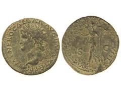 Dupondio. Acuñada el 54-68 d.C. NERÓN. Anv.: IMP. NERO CAESAR AVG.P. MAX. TR. P. P. P. Cabeza laureada a izquierda. Rev.: VICTORIA AVGVSTI S.C. Victoria en marcha a izquierda. (Oxidaciones). C-344. MB