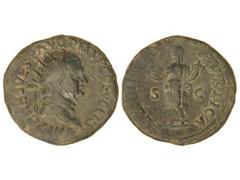 Dupondio. Acuñada el 73 d.C. VESPASIANO. Anv.: IMP. CAES. VESP. AVG. P. M. T. P. COS. V. CENS. Cabeza raidada a derecha. Rev.: FELICITAS PVBLICA S. C. Felicidad estante con caduceo y cornucopia. C-153