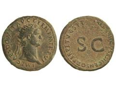 Dupondio. Acuñada el 87 d.C. DOMICIANO. Anv.: IMP. CAES. DOMIT. AVG. GERM. P. M. TR. P. VI. Cabeza radiada a derecha. Rev.: (IMP. XIIII) COS. XIII. CENSOR PERPETVVS P. P. - S. C. -. 12,7 grs. Pátina v