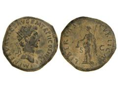 Dupondio. Acuñada el 97 d.C. NERVA. Anv.: IMP. NERVA CAES. AVG. P. M. TR. P. II COS. III P. P. Cabeza radiada a derecha. Rev.: LIBERTAS PVBLICA S. C. Libertad estante a izquierda con cetro y bonete. 1