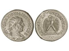 Tetradracma. 244-249 d.C. FILIPO I. SIRIA. Anv.: Busto radiado a derecha, alrededor leyenda. Rev.: Águila en pie, cabeza a izquierda, alrededor leyenda. 12,60 grs. AR. GIC-3956 sim. MBC+.