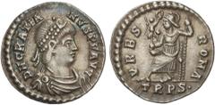 ROMAN COINS: ROMAN EMPIRE Roman Coins Silícua. 367-375 d.C. GRACIANO. TREVERI. Anv.: D. N. GRATIANVS P. F. AVG. Busto con diadema a derecha. Rev.: URBS ROMA. En exergo: TRPS. Roma sentada a izquierda 