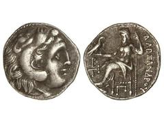 Dracma. 336-323 a.C. ALEJANDRO MAGNO. MACEDONIA. Anv.: Cabeza de Hércules a derecha. Rev.: Zeus entronizado con cetro y águila, detrás leyenda. Pátina. Se-6730. MBC+.