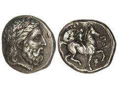 Tetradracma. 359-336 a.C. FILIPO II. MACEDONIA. Anv.: Cabeza laureada de Zeus a derecha. Rev.: Jinete desnudo a derecha, alrededor leyenda y símbolos. 14,60 grs. AR. (Golpe en anverso. Golpe o perfora
