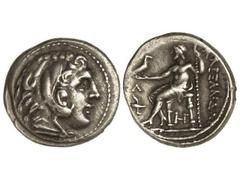 Tetradracma. 336-323 a.C. ALEJANDRO MAGNO. AMPHIPOLIS. Anv.: Cabeza de Hércules con piel de león a derecha. Rev.: Zeus entronizada a izquierda, alrededor leyenda y símbolos. 17,04 grs. AR. Müller-36. 