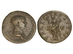 Dupondio. Acuñada el 112-117 d.C. TRAJANO. Anv.: IMP. CAES. NERVAE TRAIANO AVG. GER. DAC. P. M. TR. P. COS. VI P. P. Busto radiado a derecha. Rev.: FELICITAS AVGVST S. C. Felicidad en pie a izuqierda 