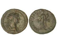 Dupondio. Acuñada el 115 d.C. TRAJANO. Anv.: IMP. CAES. NER. TRAIANO OPTIMO AVG. GER. DAC. P. M. TR. P. COS. (VI P. P.). Busto radiado a derecha. Rev.: SENATVS POPVLVSQVE ROMANVS S. C. Felicidad en pi