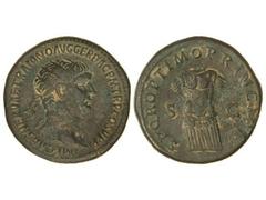 Dupondio. Acuñada el 104-110 d.C. TRAJANO. Anv.: IMP. CAES. NERVAE TRAIANO AVG. GER. DAC. P. M. TR. P. COS. V P. P. Cabeza radiada a derecha. Rev.: S. P. Q. R. OPTIMO PRINCIPI S. C. Coraza. Pátina ver