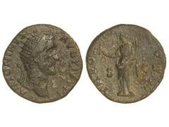 Dupondio. Acuñada el 139 d.C. ANTONINO PÍO. Anv.: ANTONINVS AVG. (PIVS P. P.). Cabeza radiada a derecha. Rev.: TR. POT. (-- C)OS. II. Paz en pie a izquierda con cornucopia. 10,30 grs. Pátina oscura. B