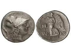 Tetradracma. Siglos II-I a.C. SIDE. Anv.: Cabeza de Atenea con casco corintio a derecha. Rev.: Nike avanzando a izquierda, delante granada. 16,10 grs. AR. Se-5436. MBC+.