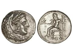 Tetradracma. 336-323 a.C. ALEJANDRO MAGNO. MACEDONIA, TRACIA y TESALIA. Anv.: Cabeza de Hércules con piel de león a derecha. Rev.: Zeus entronizado a izquierda, alrededor leyenda y símbolos. 17,20 grs
