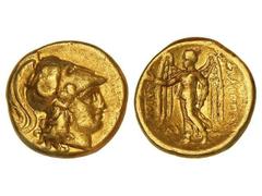 Estátera. 323-317 a.C. FILIPO III. LYCIA. Anv.: Cabeza de Atenea con casco corintio a derecha. Rev.: Nike en pie a izquierda, detrás leyenda. 8,60 grs. AU. Müller-96; Se-6746 var. MBC.