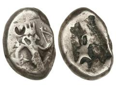 Siglos. 450-330 a.C. LYDIA. Anv.: Arquero arrodillado a derecha con daga y arco. Contramarca. Rev.: Punzón oblongo. 5,48 grs. AR. Se-4683 var. MBC-.