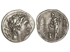 Tetradracma. 294-288 a.C. DEMETRIOS POLIORKETES. Anv.: Cabeza diademada a derecha. Rev.: Poseidón desnudo en pie a izquierda con tridente y apoyado en una roca, delante y detrás leyenda. 16,60 grs. AR