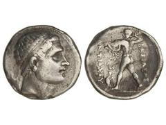 Tetradracma. 256-239 a.C. DIODOTOS I. REINOS DE BACTRIA E INDOGRECIA. Anv.: Cabeza diademada de Diodotos a derecha. Rev.: Zeus desnudo a izquierda con rayo y águila a sus pies, delante y detrás leyend